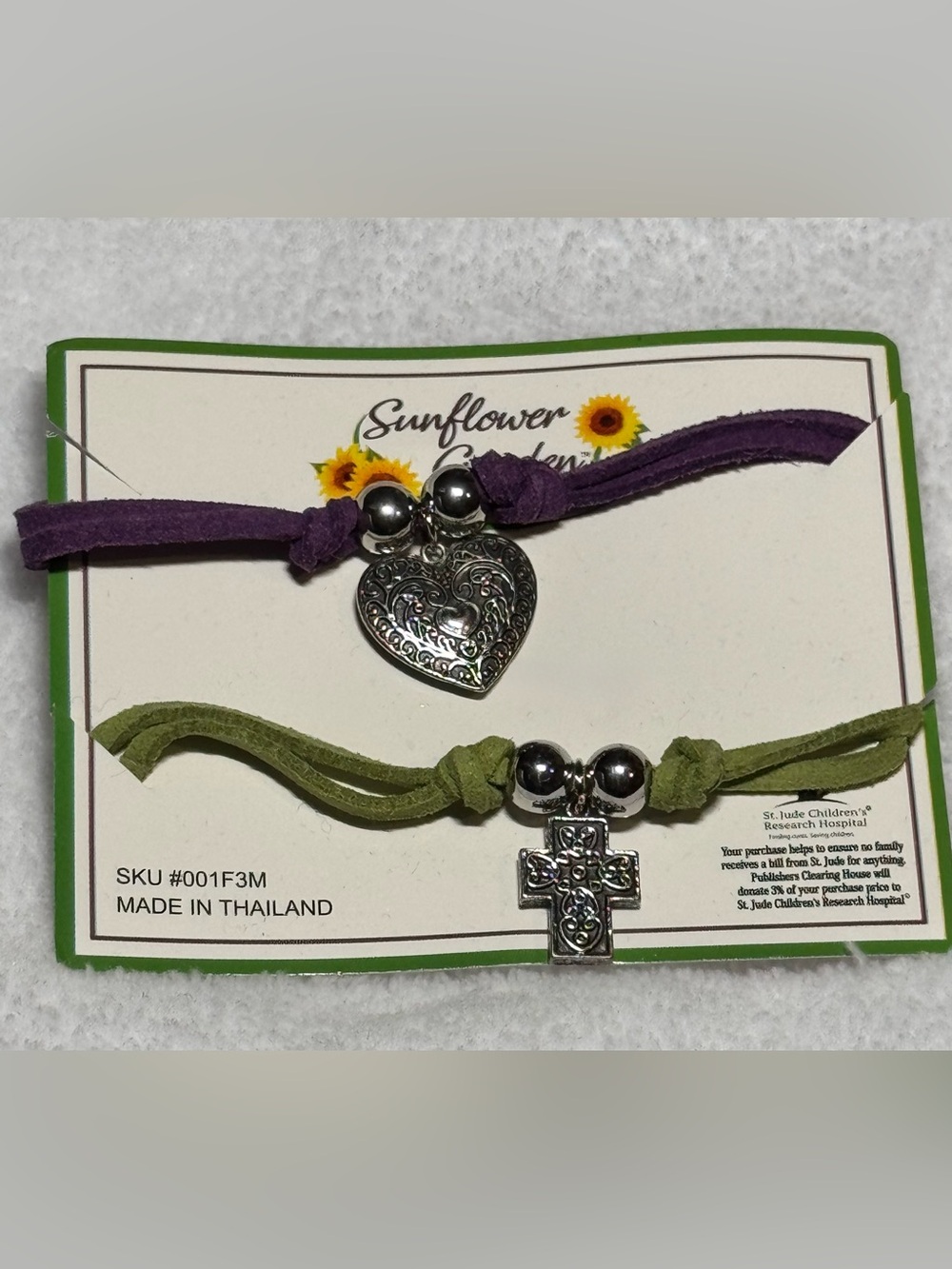 Sunflower Garden Silver-tone & Suede Bracelet Set Purple Heart & Green Cross
